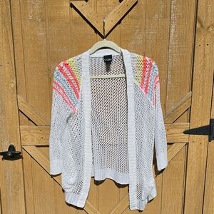 Daytrip Women's Open Knit Cardigan Sweater - White with Multicolor Accents